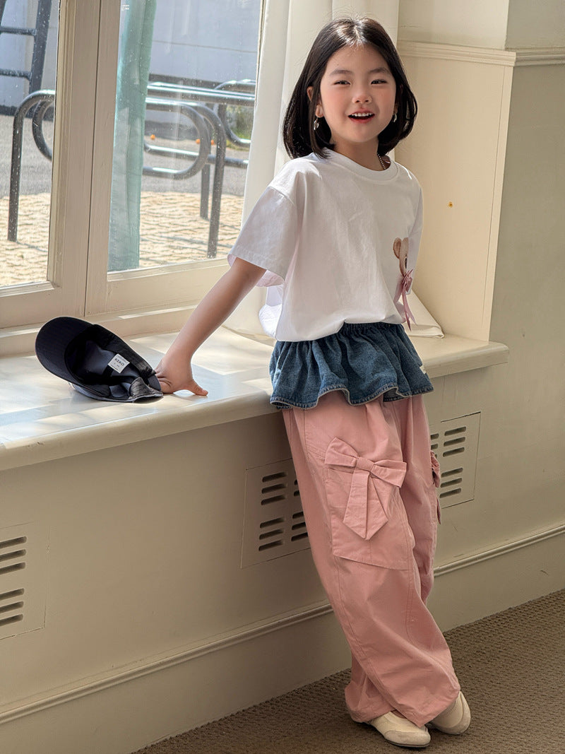 【120-160cm】韓版口袋大蝴蝶結工裝褲