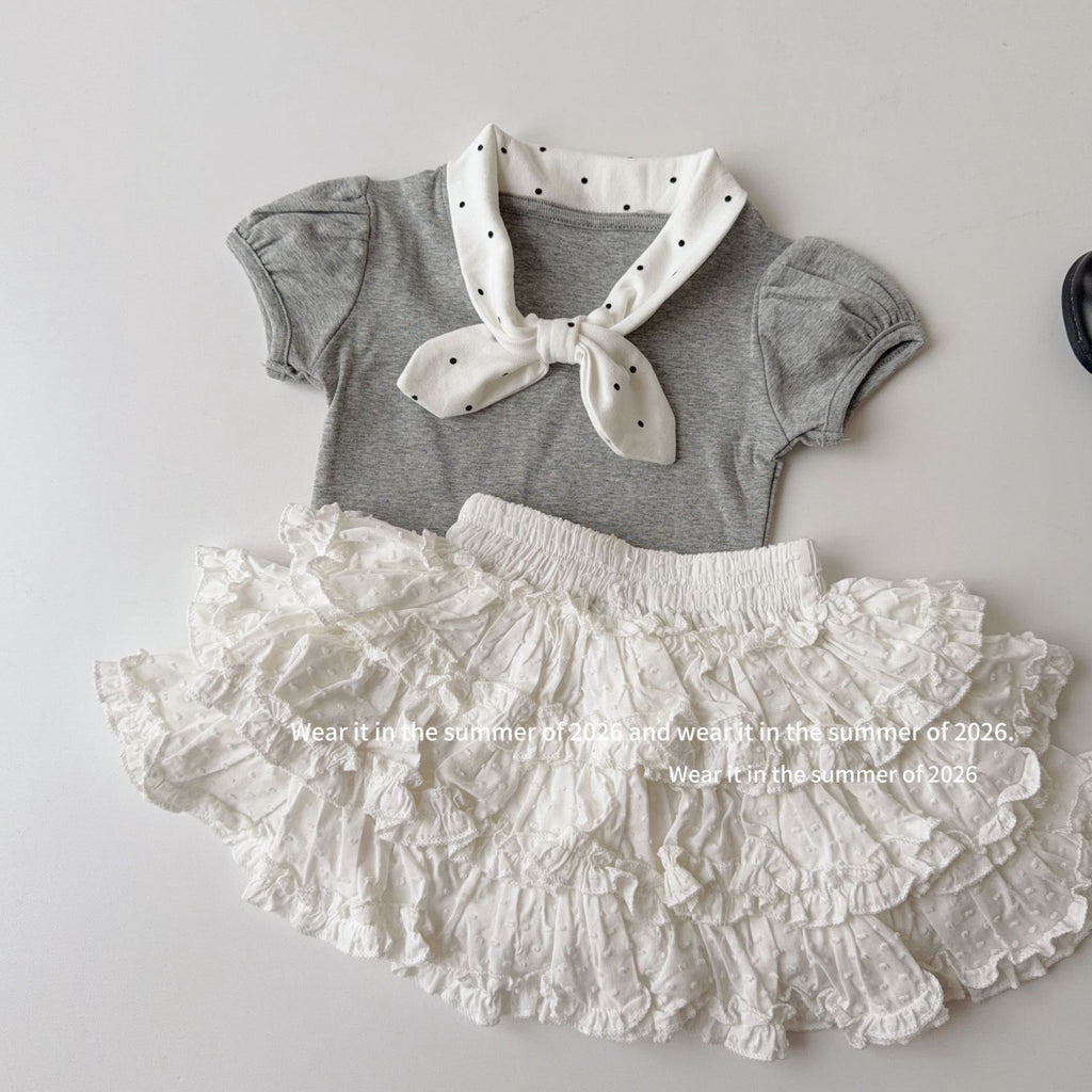 【90-150cm】復古波點蝴蝶結領短袖T