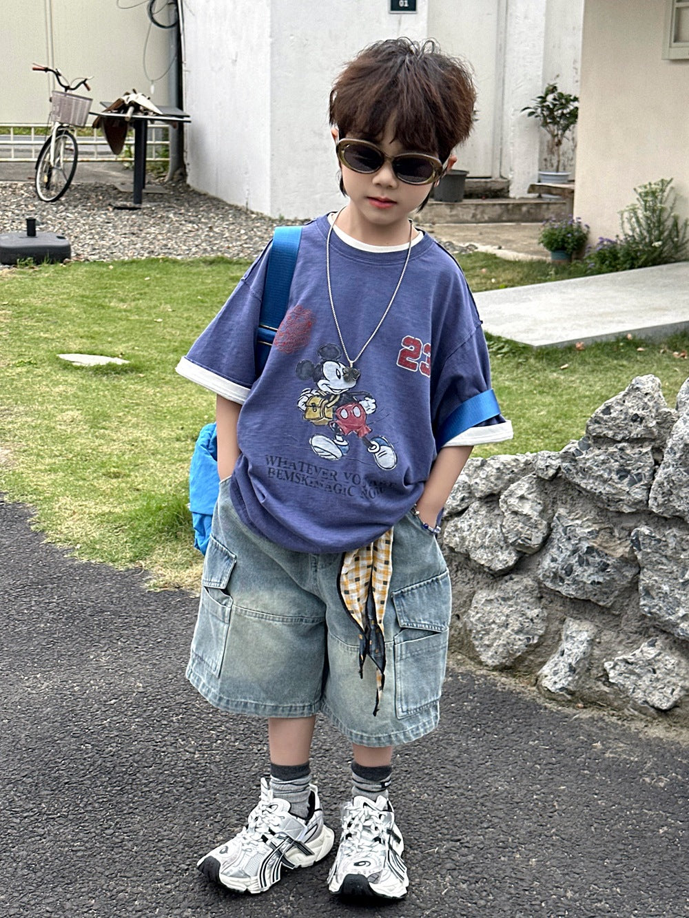 【100-160cm】刷白口袋牛仔五分褲