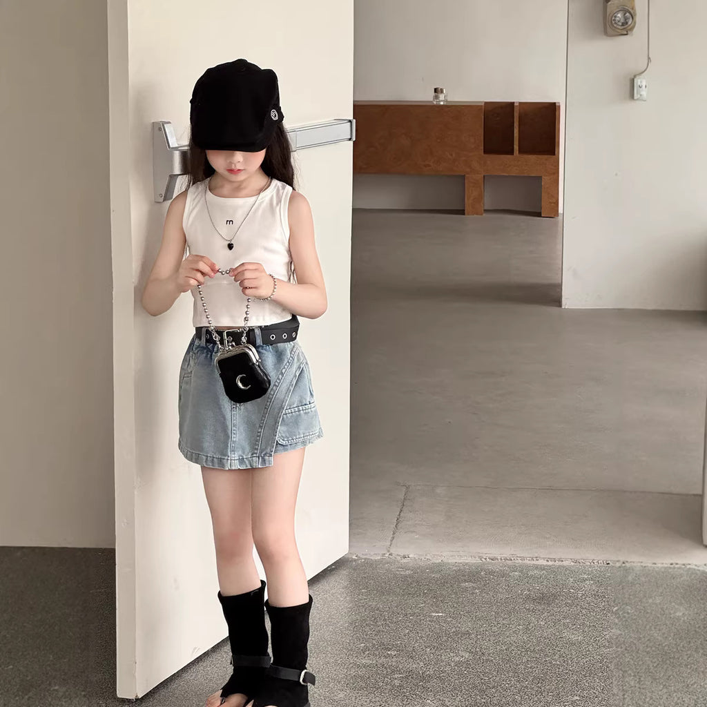 【100-150cm】不規則工裝牛仔A字半身裙(送皮帶)
