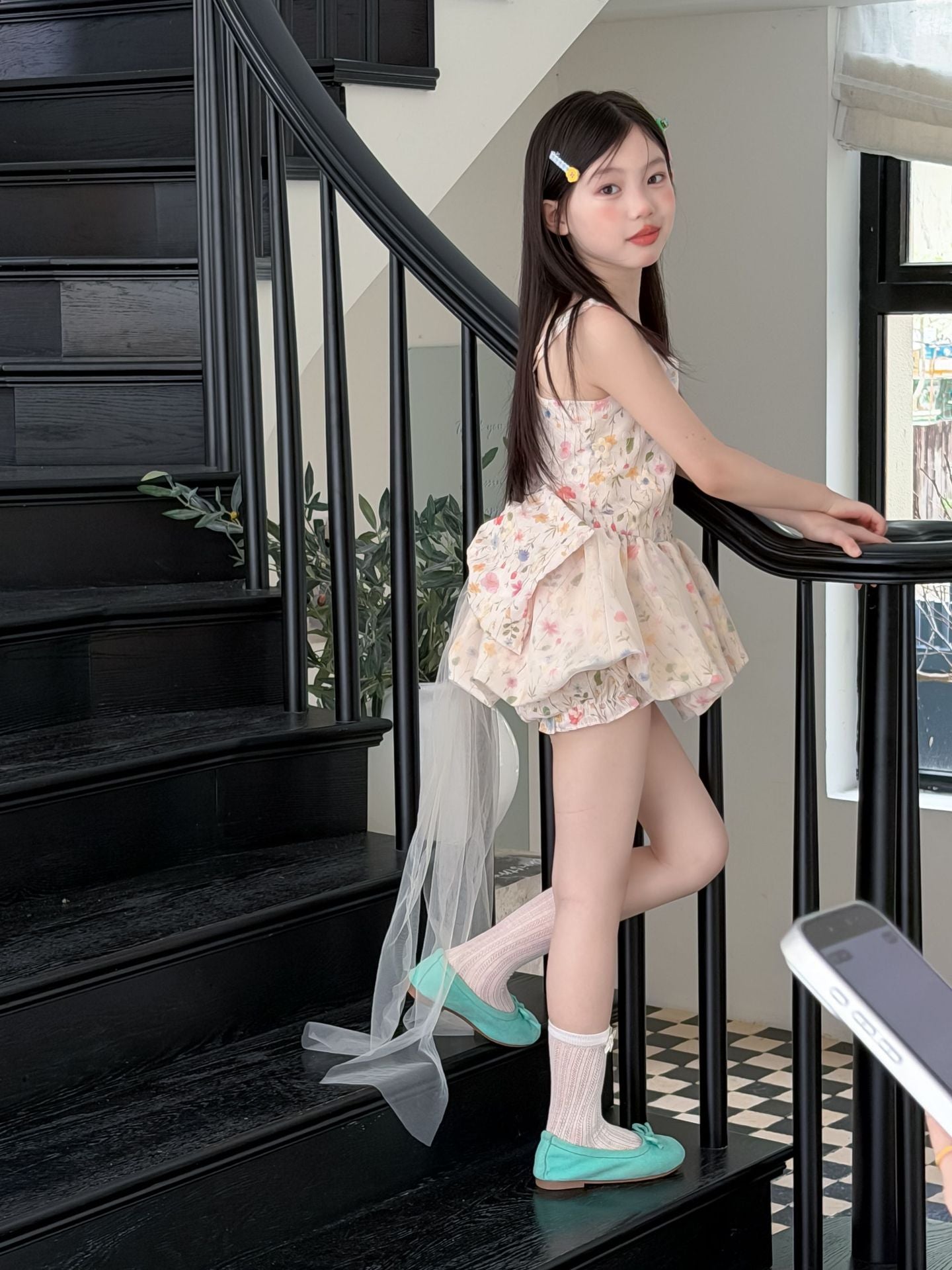 【90-160cm】碎花蝴蝶結網紗拖尾公主裙