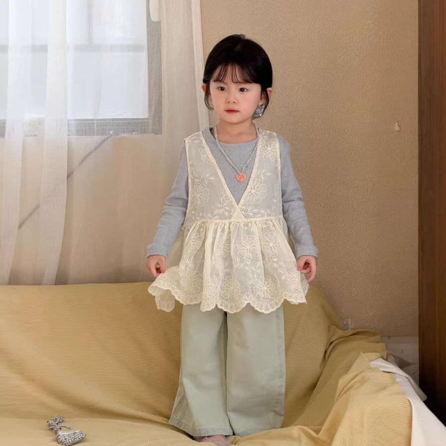 【90-140cm】韓版蕾絲網紗背心針織打底衫背心裙罩衫