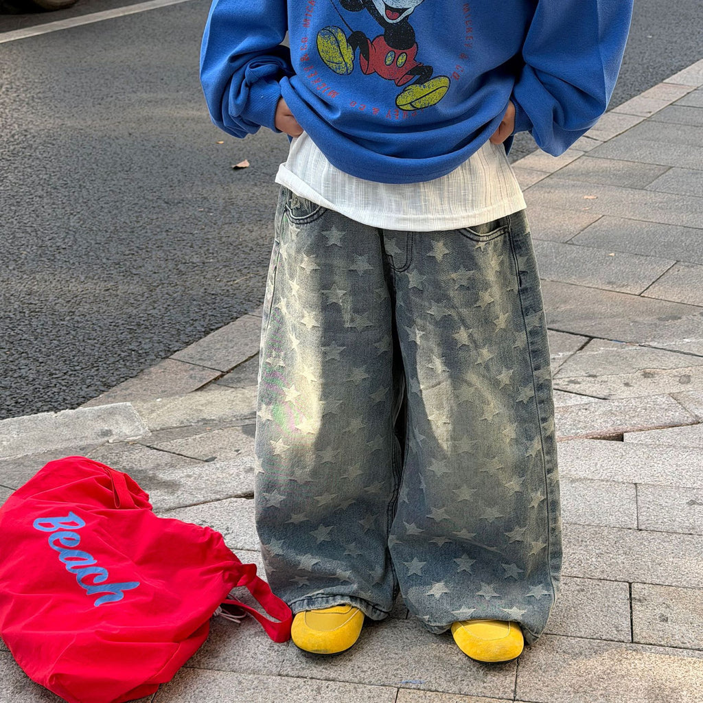 【90-160cm】設計感破洞水洗牛仔褲