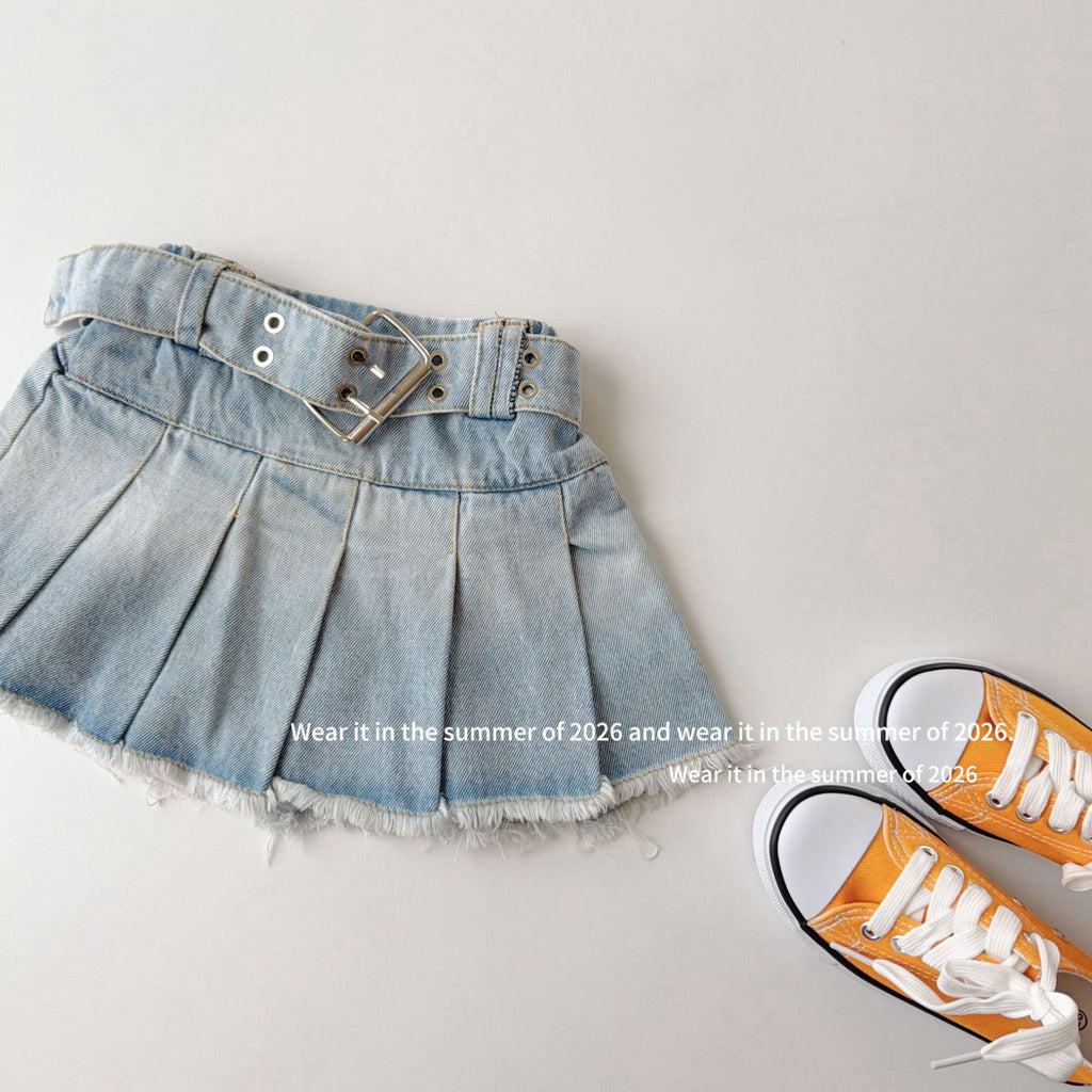 【90-150cm】荷葉邊鬆緊高腰牛仔百褶裙