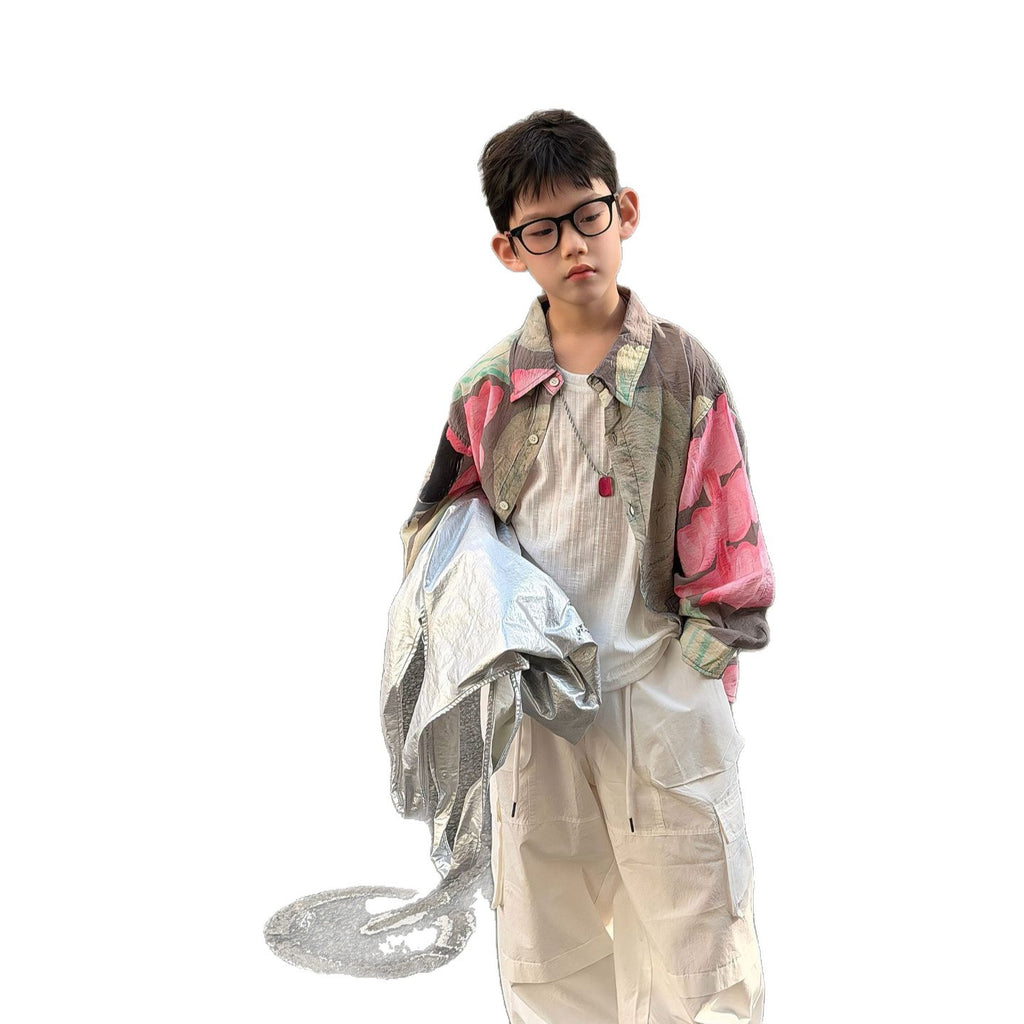 【90-160cm】韓版撞色花慵懶風防曬襯衫