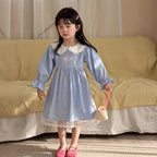 【90-140cm】條紋蕾絲棉布裙洋裝