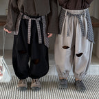 【80-140cm】純色破洞針織褲+格子屁簾