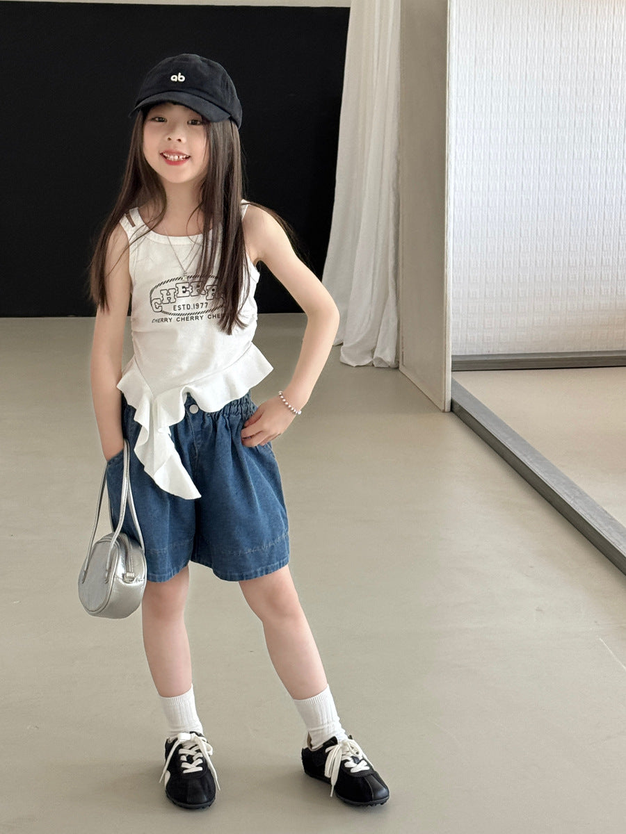 【100-150cm】韓版寬鬆牛仔五分褲