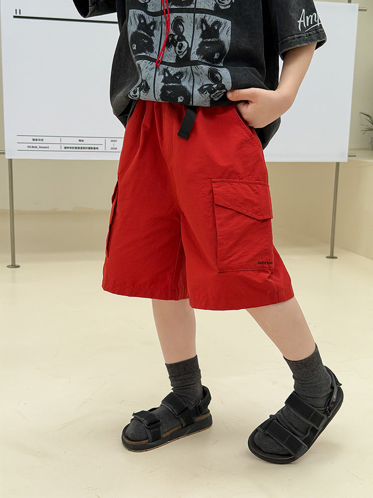 【100-170cm】速乾涼感休閒織帶五分工裝褲