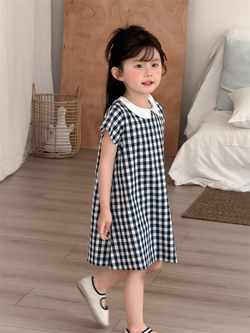 【80-130cm】韓版格子花邊領連身裙