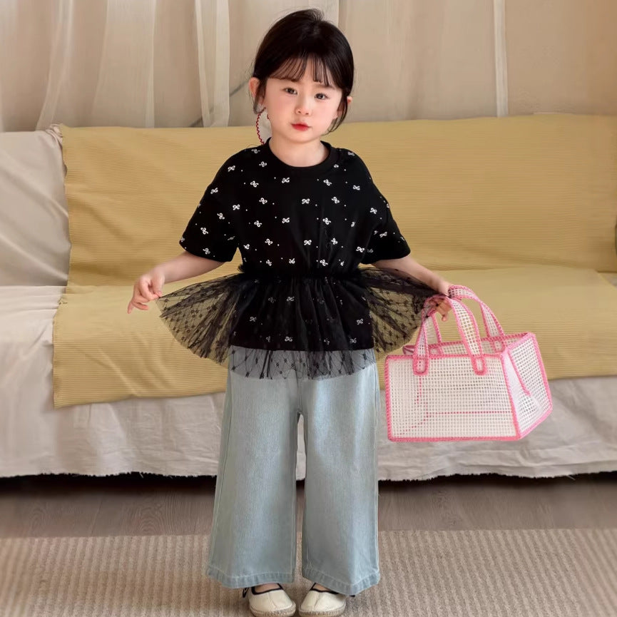 【90-140cm】拼接網紗蝴蝶結T