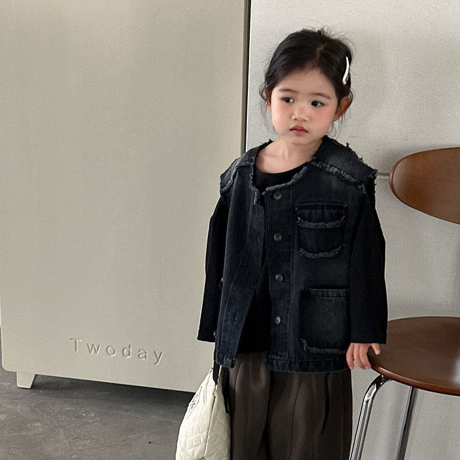 【80-140cm】短款毛邊牛仔工裝馬甲