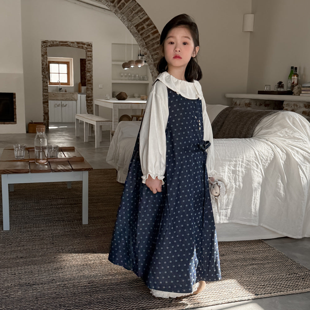 圓點繫帶長袖牛仔背心裙