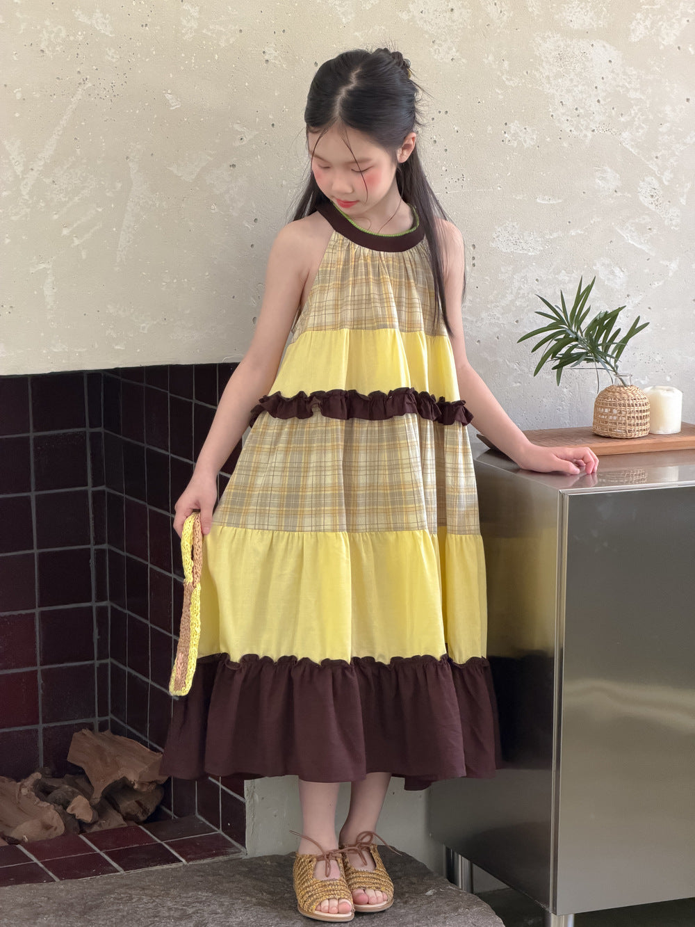 【100-160cm】韓版黃咖拼色掛脖連身裙