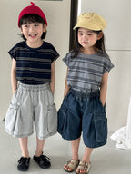 【80-140cm】做舊寬鬆口袋工裝牛仔中褲