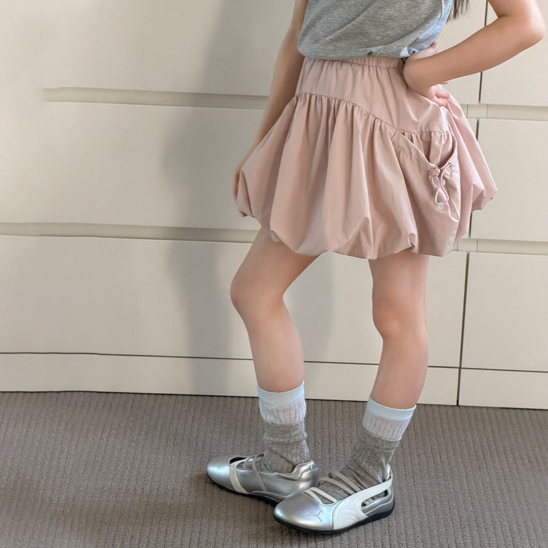 【100-170cm】甜美可愛雙側抽繩褶皺花苞短裙