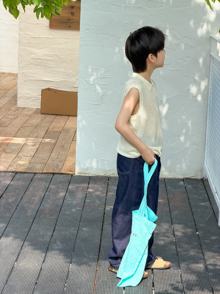 【100-170cm】韓版輕薄明線直筒牛仔褲