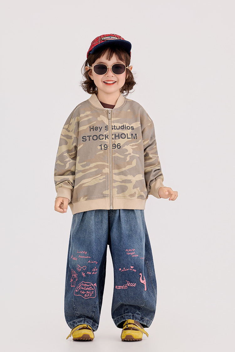 【90-150cm】迷彩條紋字母針織棒球外套