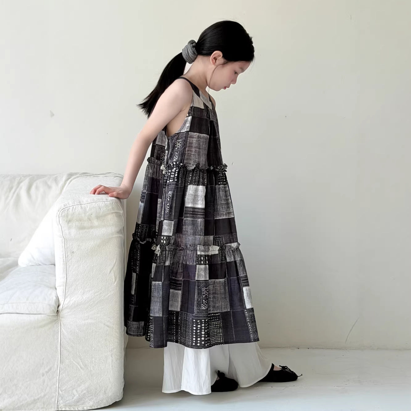 【100-160cm】韓版花邊格子掛脖連身裙