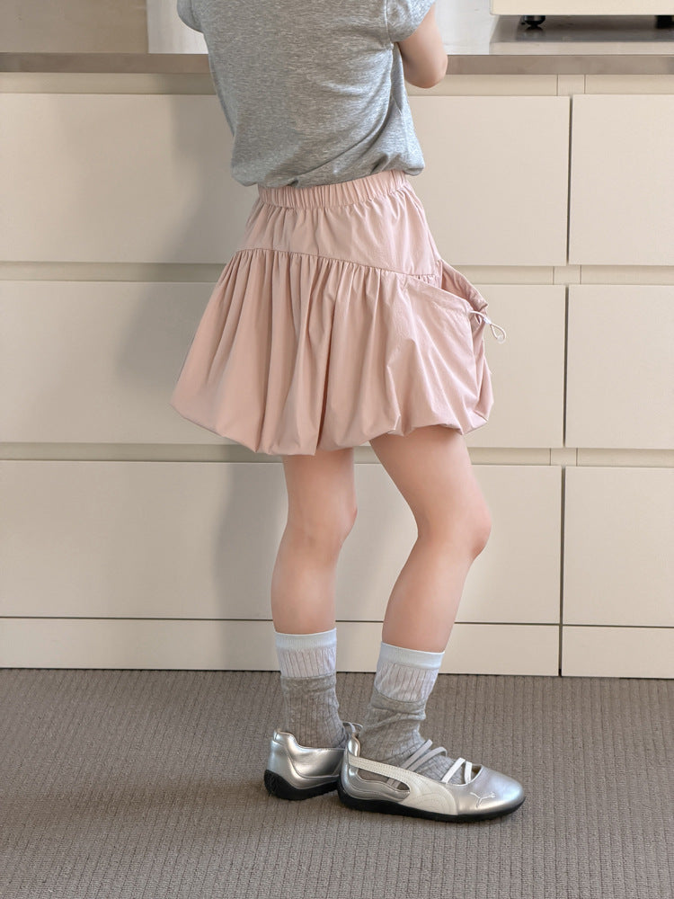 【100-170cm】甜美可愛雙側抽繩褶皺花苞短裙