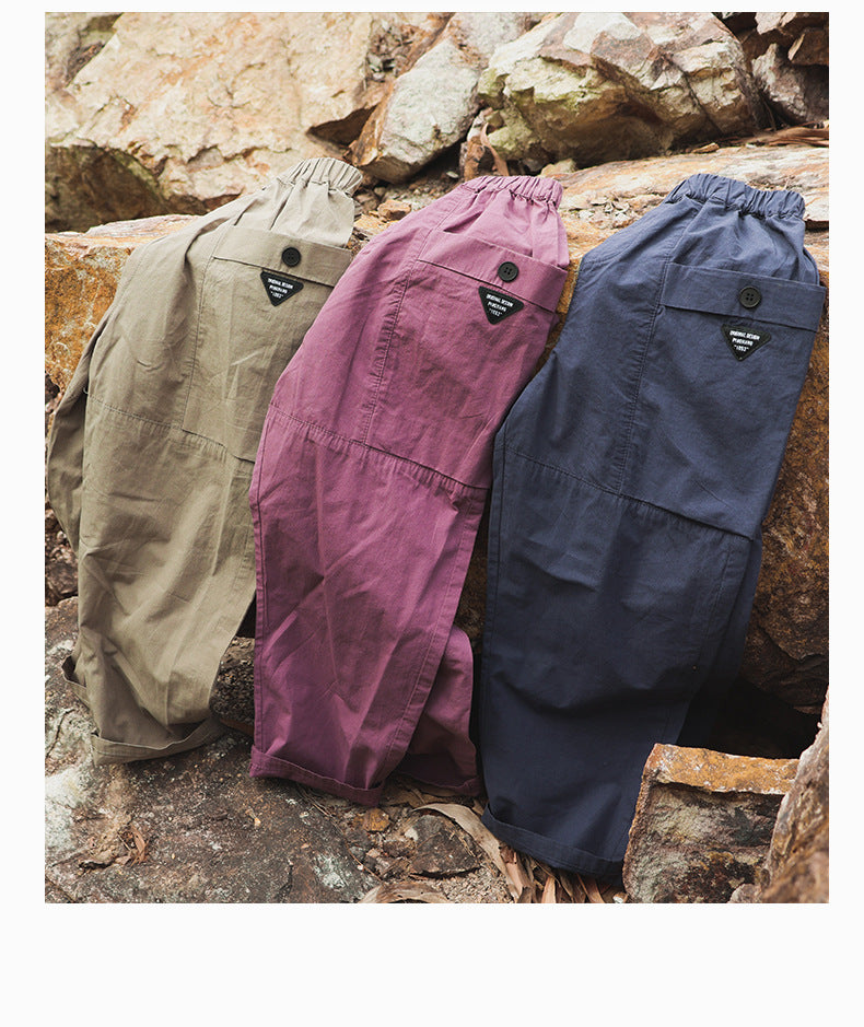 【100-160 cm】大口袋工裝褲復古直筒褲