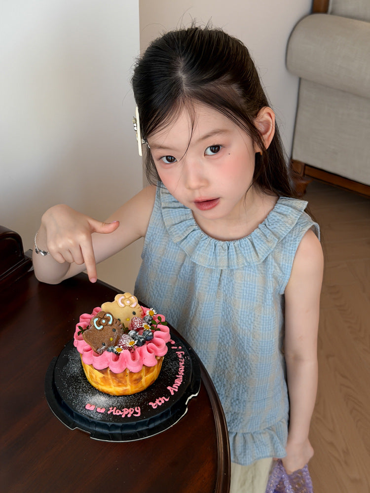 【100-170cm】甜美泡泡格微皺肌理花邊格子背心｜短褲