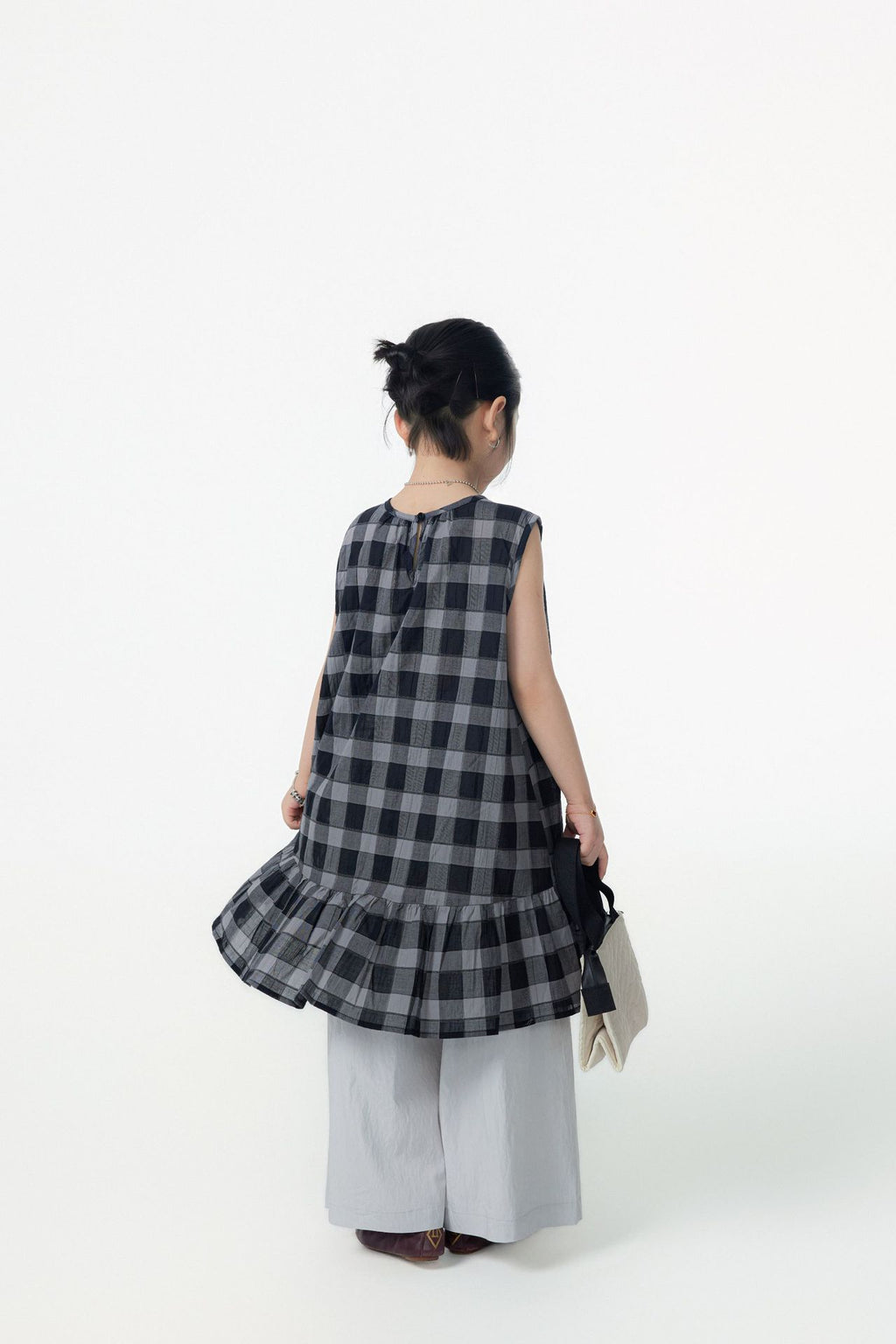 【90-150cm / F】【親子裝】日系荷葉邊黑灰格背心裙