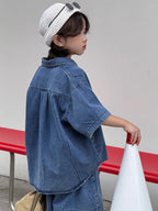 【100-160cm】韓系復古薄款牛仔套裝
