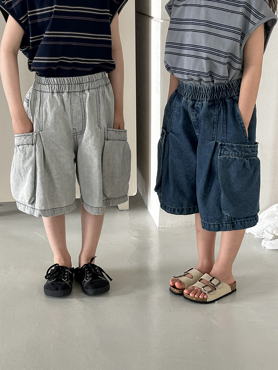 【80-140cm】做舊寬鬆口袋工裝牛仔中褲