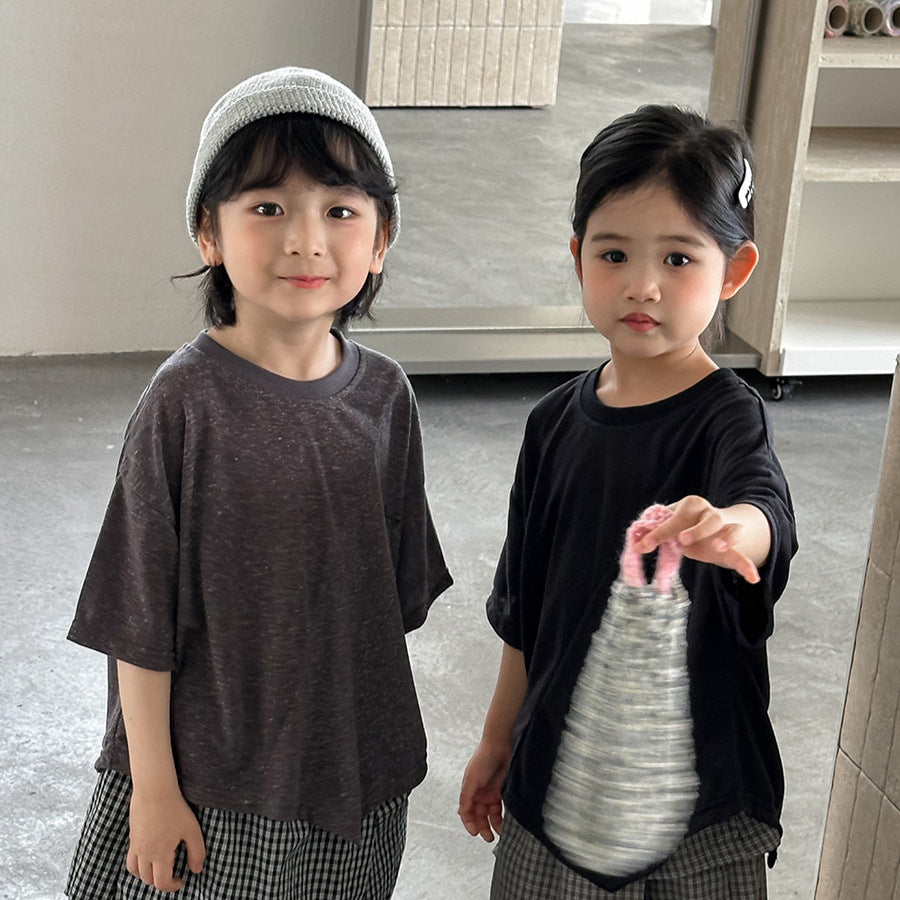 【80-140cm】棉麻不規則字母半袖T