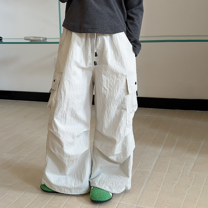 【100-170cm】抽繩寬鬆大口袋工裝褲