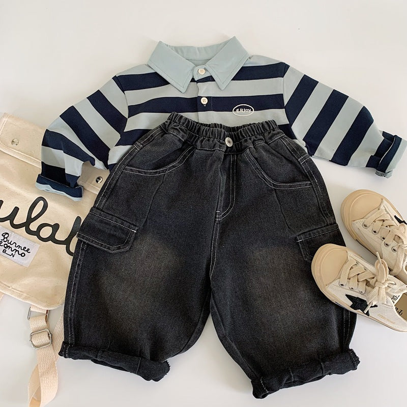 【現貨 90cm】純色口袋工裝牛仔直筒褲