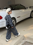 【90-160cm】韓版休閒連帽條紋套裝