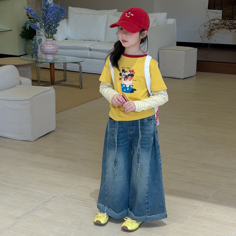 【100-160cm】復古高級感折邊寬鬆牛仔褲