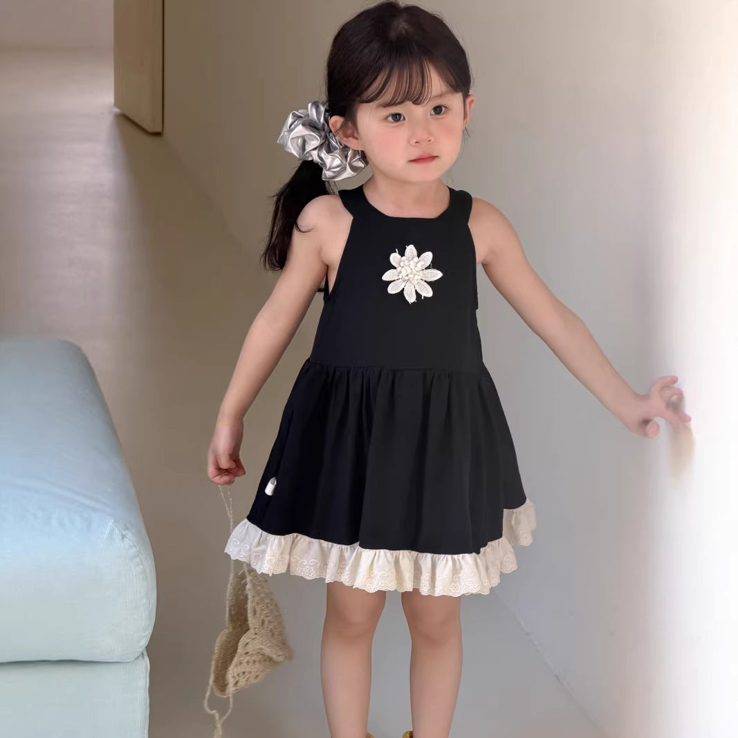 【90-140cm】法式甜美蕾絲掛脖花朵連身裙