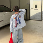 【90-160cm】韓版寬鬆休閒印花連帽襯衫