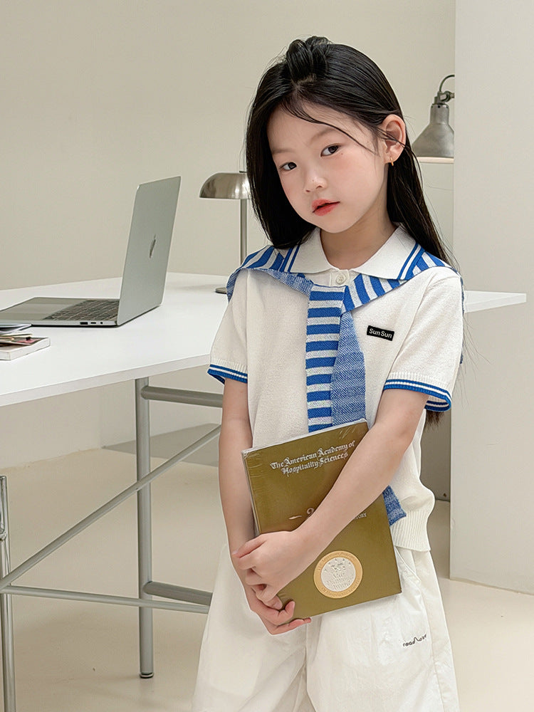 【100-170cm】(2色)披肩針織POLO短袖上衣