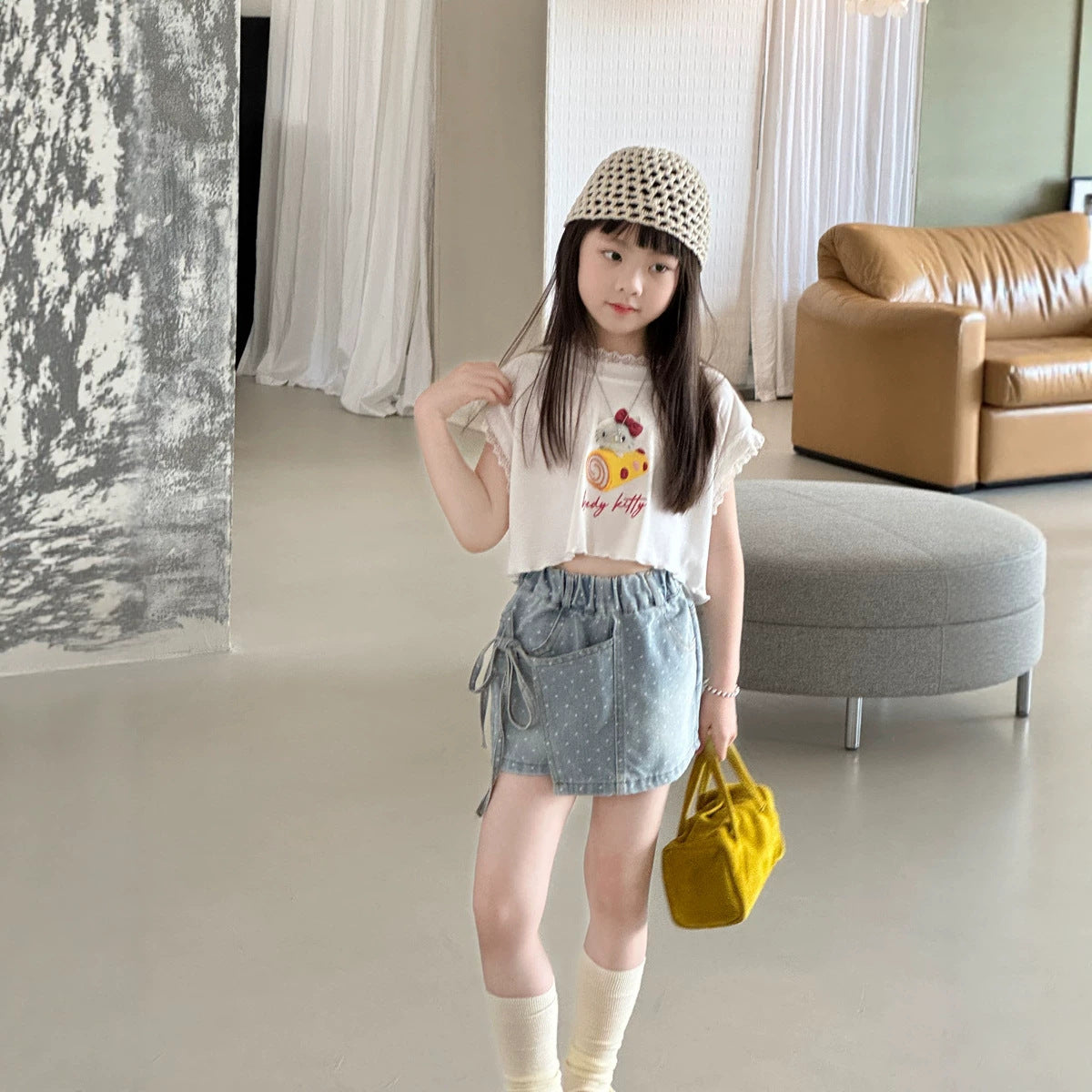 【100-150cm】韓版不規則繫帶蝴蝶結波點短褲裙