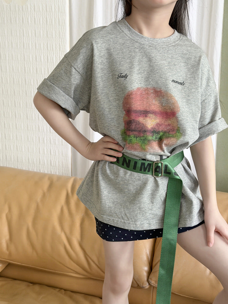 【100-170cm】韓版冰紗棉休閒可愛漢堡T