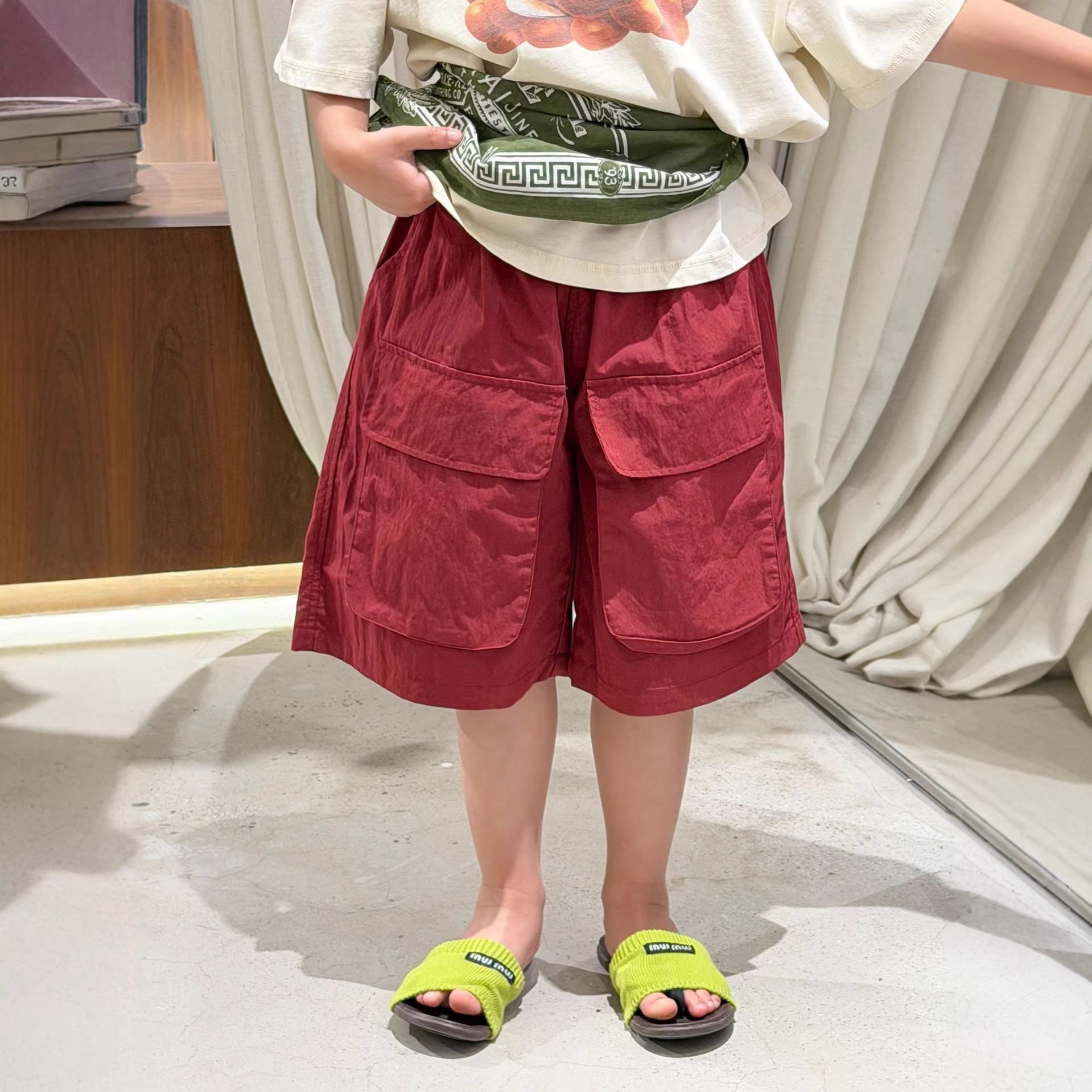 【90-150cm】韓版工裝大口袋休閒五分褲