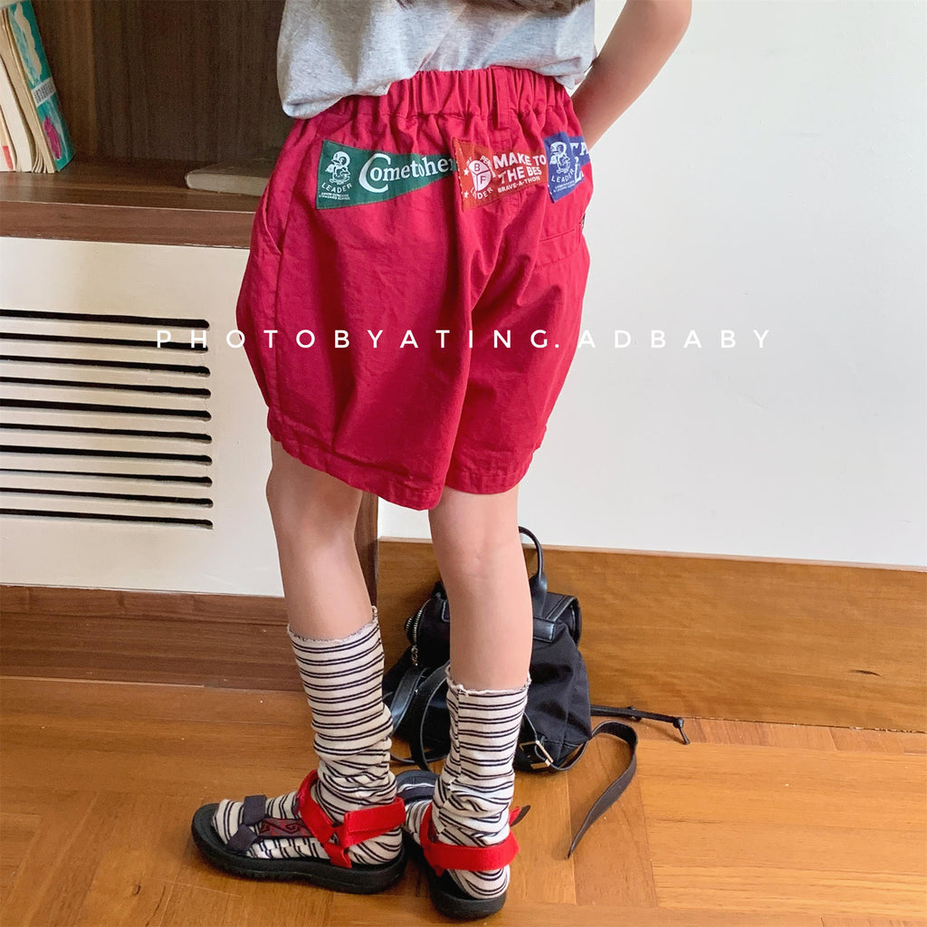 【80-130cm】3色-美式貼布休閒短褲
