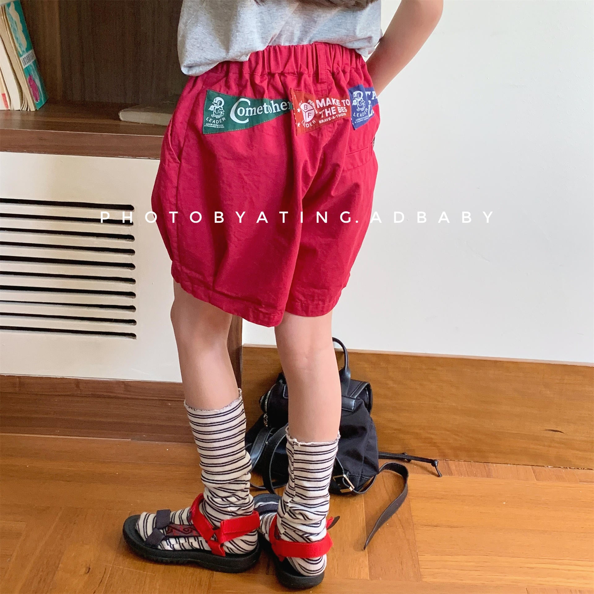 【80-130cm】3色-美式貼布休閒短褲
