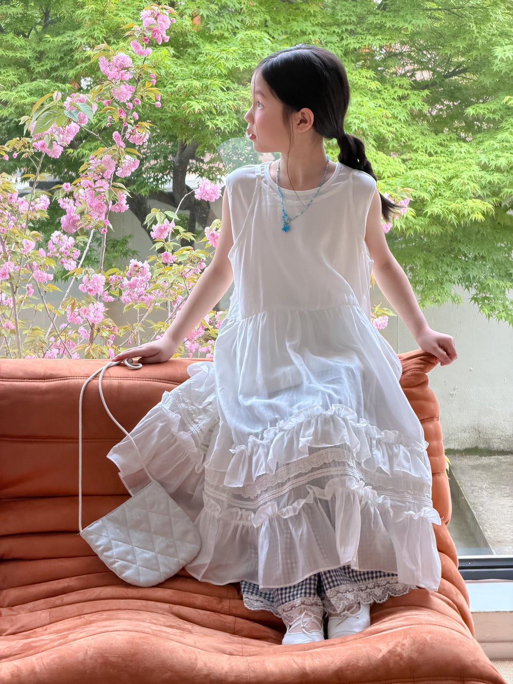 【100-160cm】韓版浪漫花邊背心裙