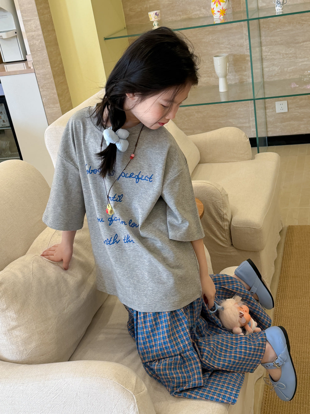 【100-160cm】休閒字母T｜格子半身裙