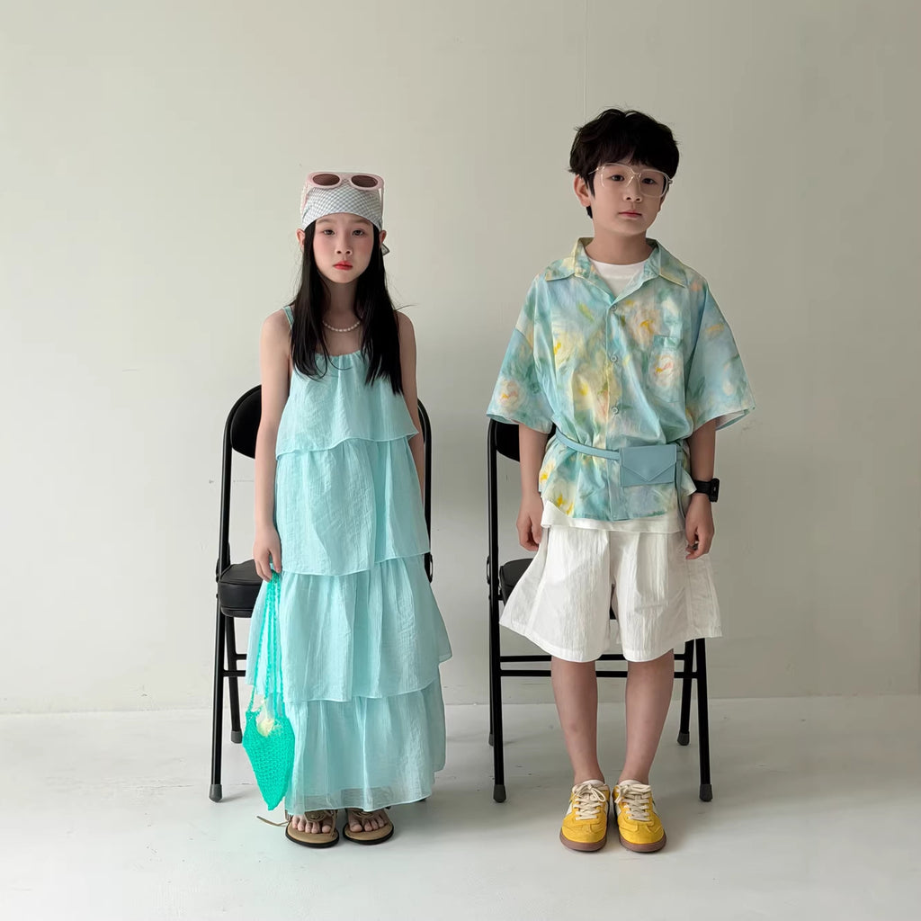 【100-160cm】夏日的藍色童話連身裙 | 襯衫 | 五分褲