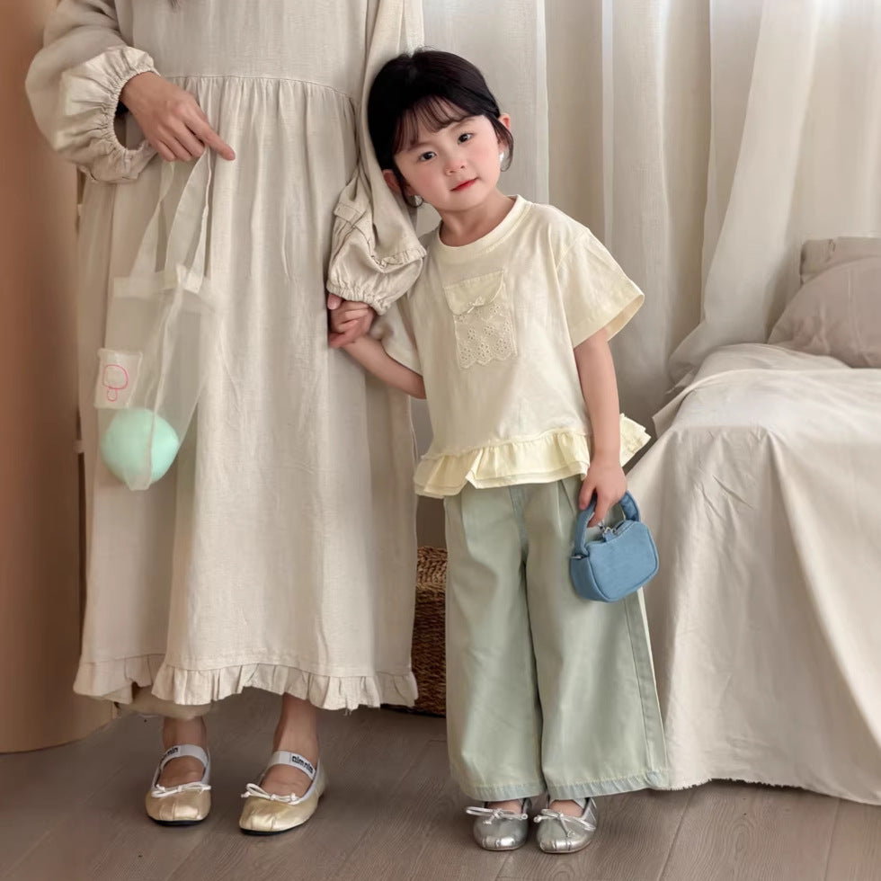 【90-140cm】荷葉邊蕾絲口袋短袖上衣