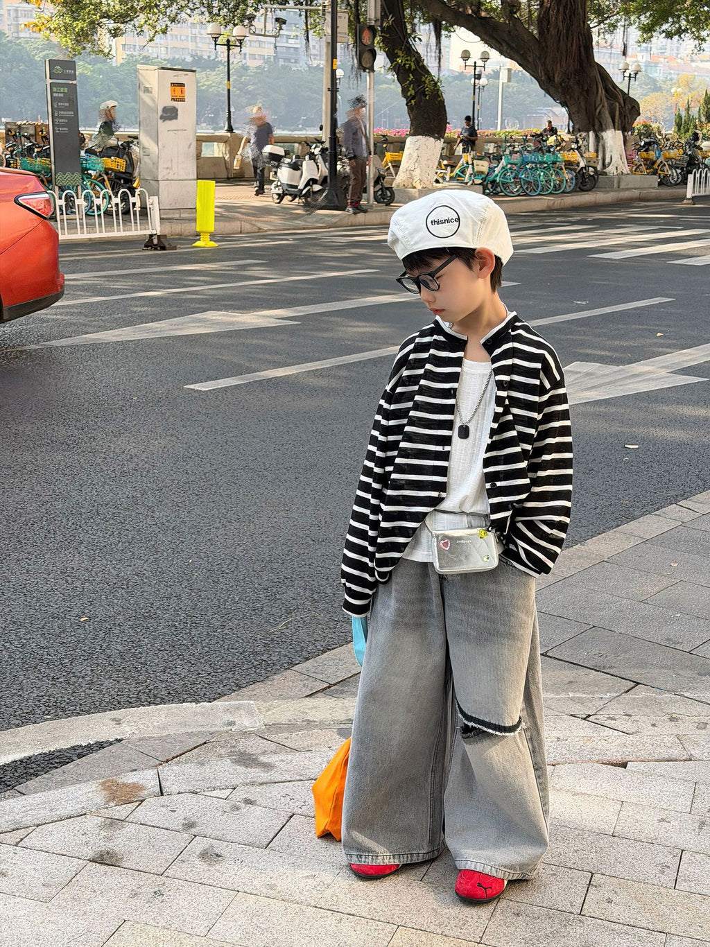 【90-160cm】韓版休閒針織防曬條紋開襟外套