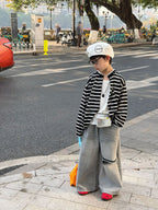 【90-160cm】韓版休閒針織防曬條紋開襟外套