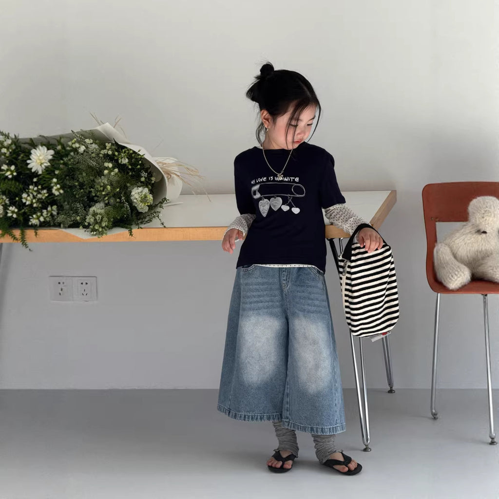 【120-160cm】過膝七分牛仔褲