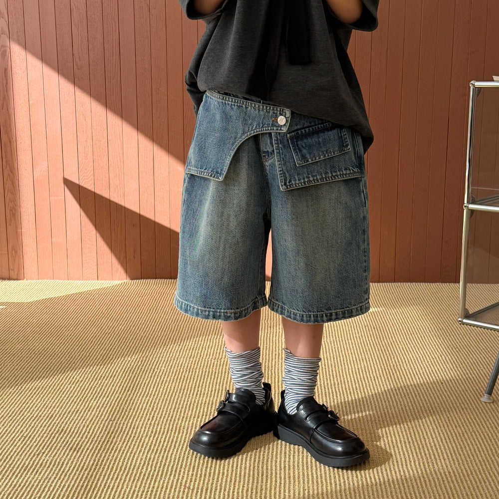【100-160cm】韓版牛仔拼接五分褲